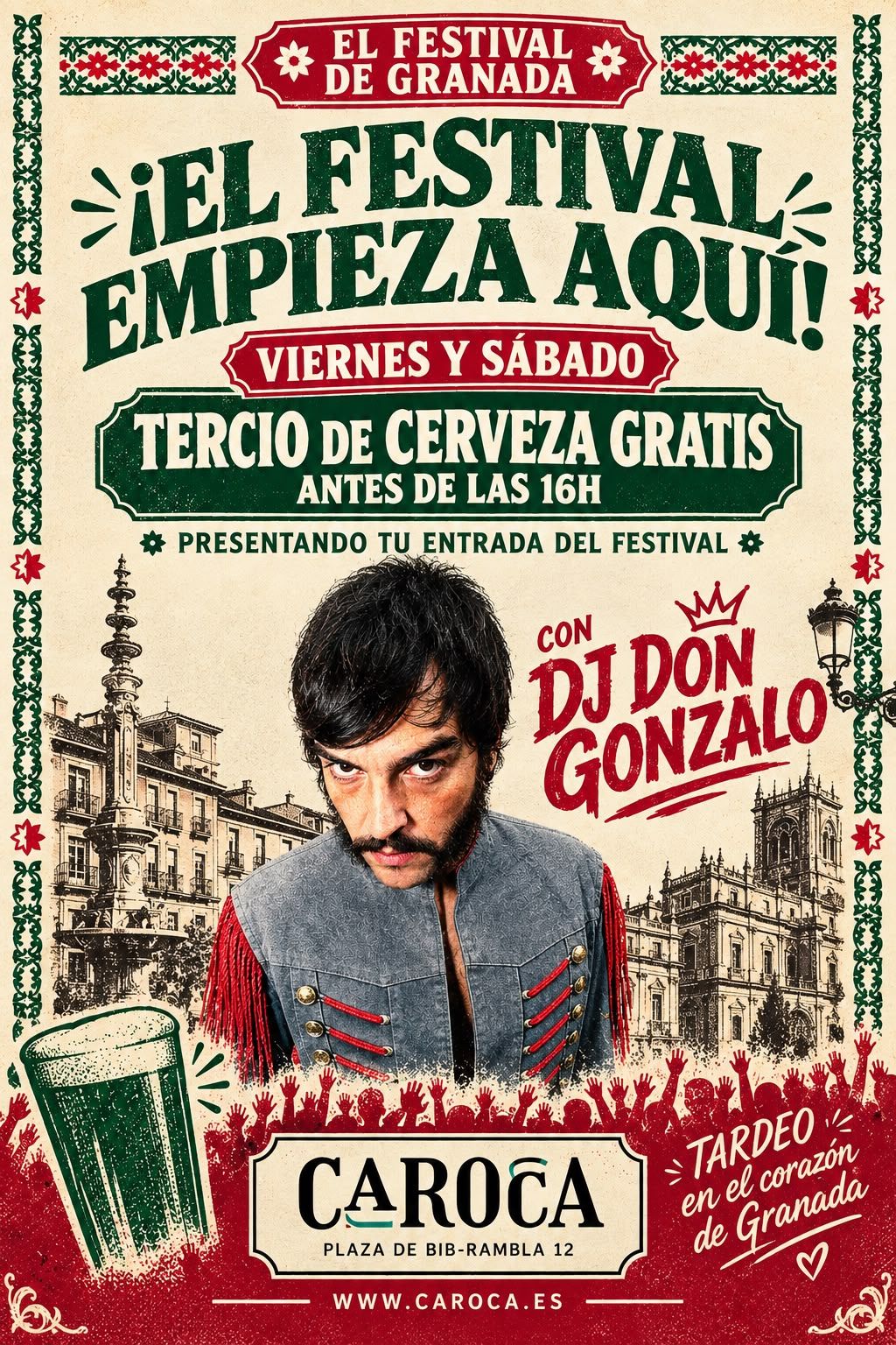Cartel del Granada Sound 2026 en Caroca: «¡El festival empieza aquí!», viernes y sábado, con DJ Don Gonzalo y tercio de cerveza gratis antes de las 16 h en la Plaza de Bib-Rambla, Granada.
